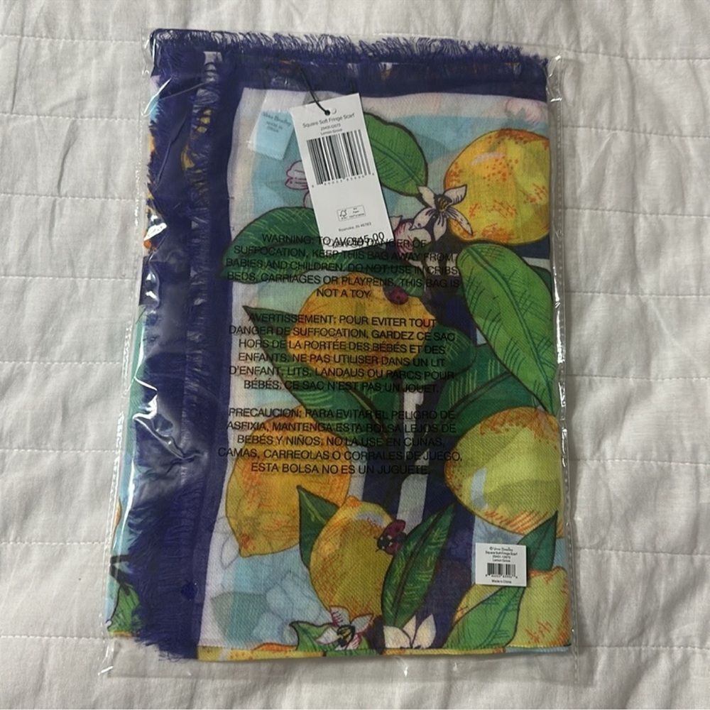 Vera Bradley Lemon Grove Blue Yellow Green Purple White Blossoms Fringe Scarf - Picture 12 of 13